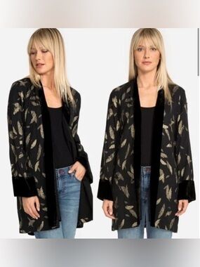 Johnny Was Workshop Feather Print Velvet Trim Kimono Robe Black Gold XL